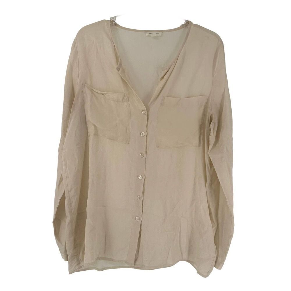Silence + Noise Silk Blouse Size L Collarless Button Front Ivory Anthropologie